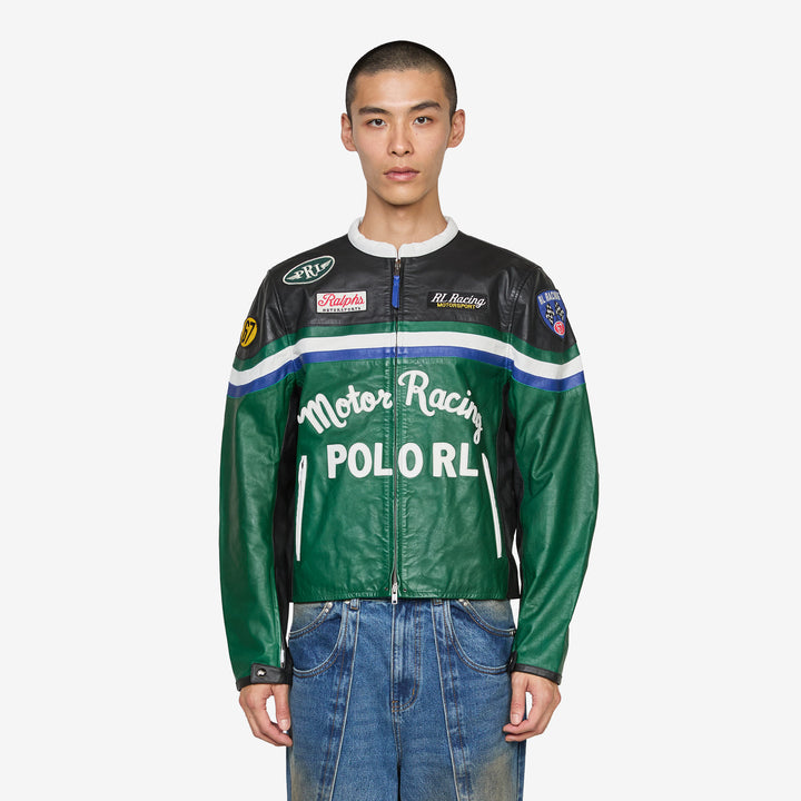 Leather Café Racer Jacket Tennis Green Multi Front