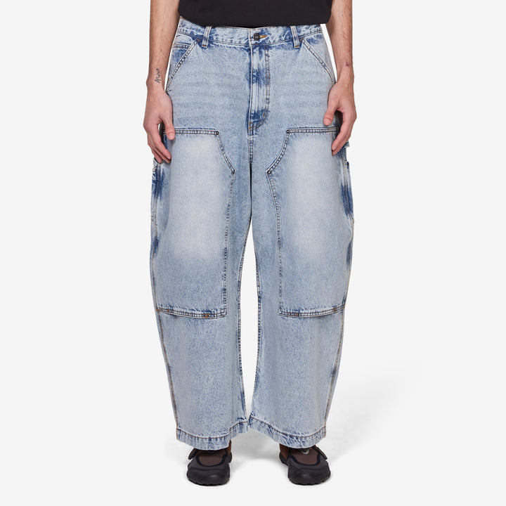 Super Wide Curve Double Knee Painter Denim Pants Sax Blue Front