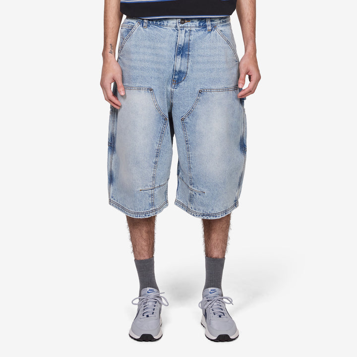 Super Wide Curve Double Knee Cropped Denim Pants Sax Blue Front