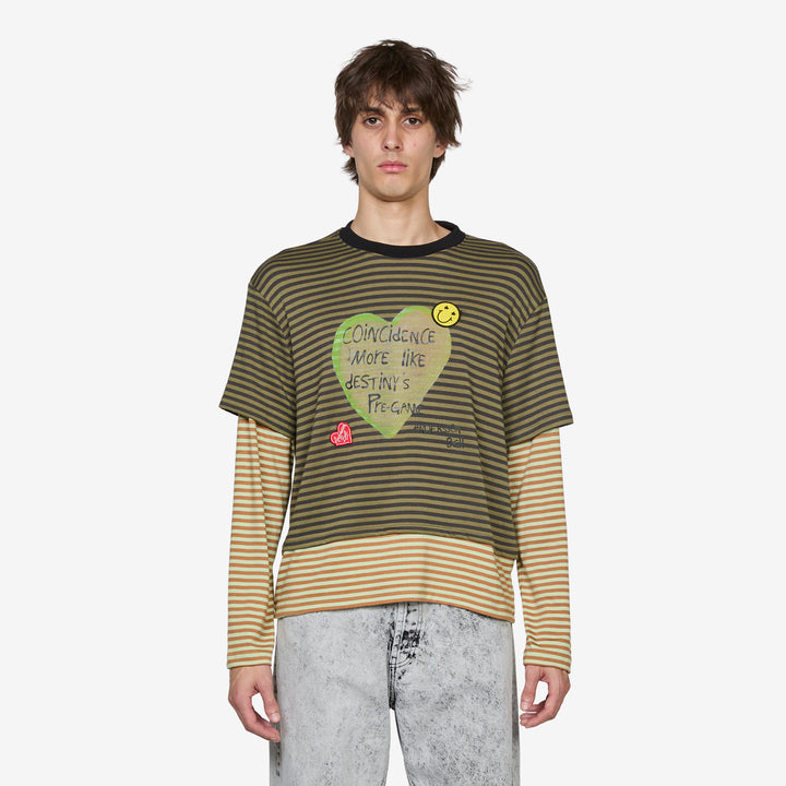 Heart Message Stripe Layered Longsleeve T-Shirt Khaki Front
