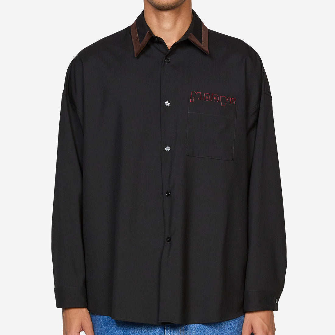 Velvet Collar Tropical Wool Longsleeve Shirt Black Shirts