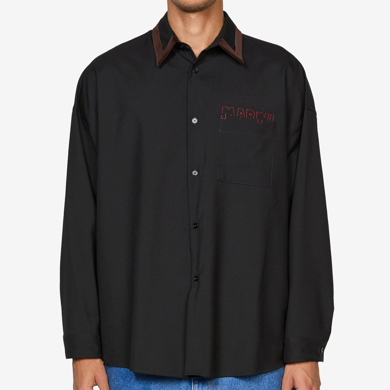 Velvet Collar Tropical Wool Longsleeve Shirt Black Shirts