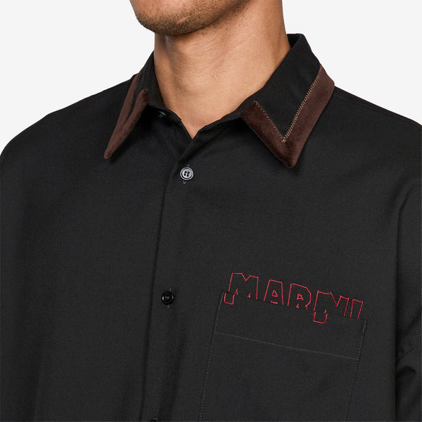 Velvet Collar Tropical Wool Longsleeve Shirt Black Shirts