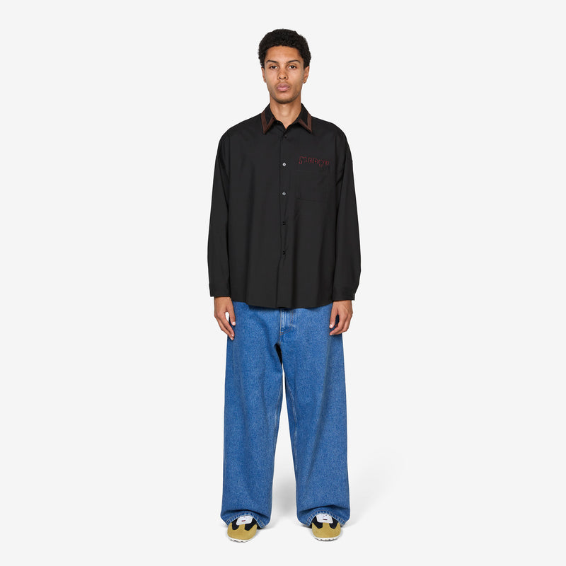 Velvet Collar Tropical Wool Longsleeve Shirt Black Shirts