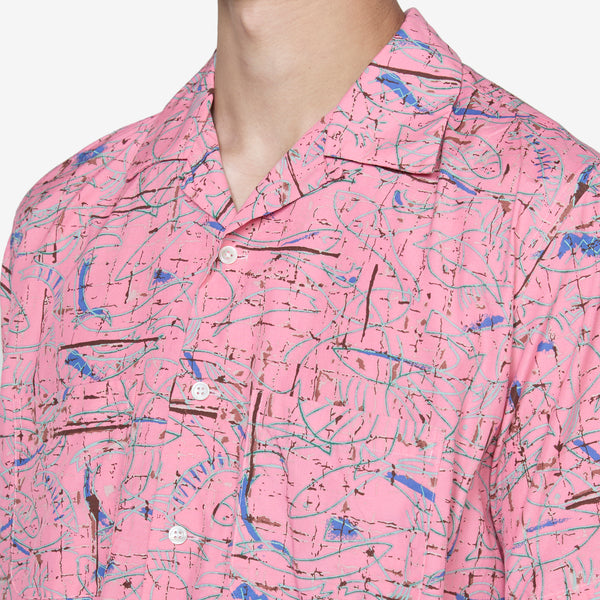 Open Collar Cotton Rayon Print Shirt Pink