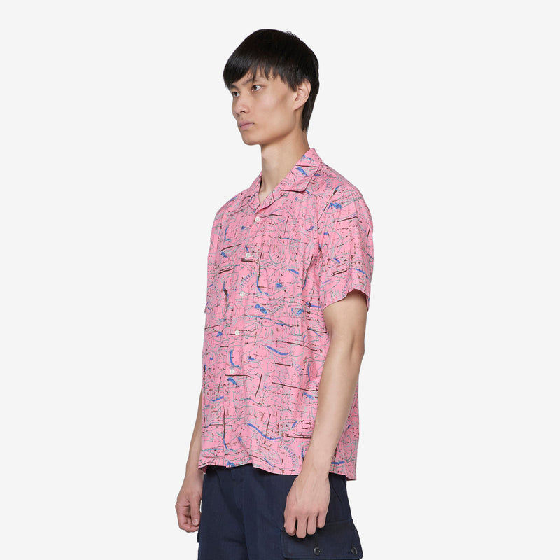 Open Collar Cotton Rayon Print Shirt Pink Shirts