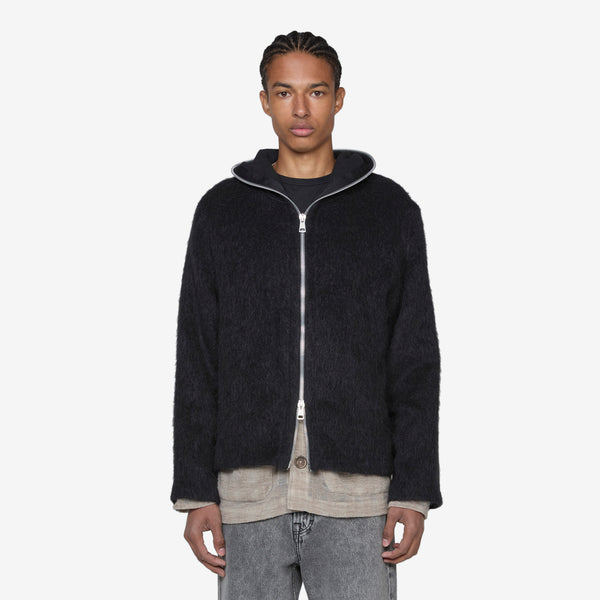 Full Zip Hood Black Hairy Wool Jackets