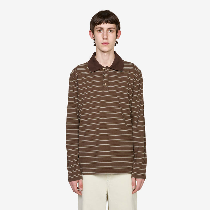 Longsleeve Striped Polo Shirt Chestnut Brown Front