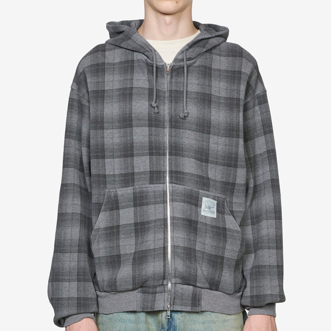 Waffle Zip-Thru Hood Grey Plaid Jumpers