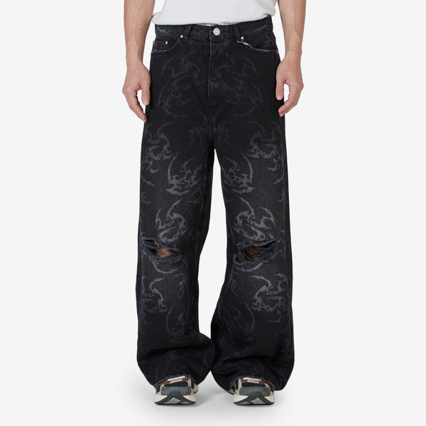 Laser Tribal Baggy Distressed Denim Jeans Black