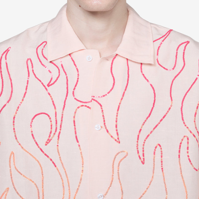 Unisex Flame Embroidered Shirt Pink Shirts