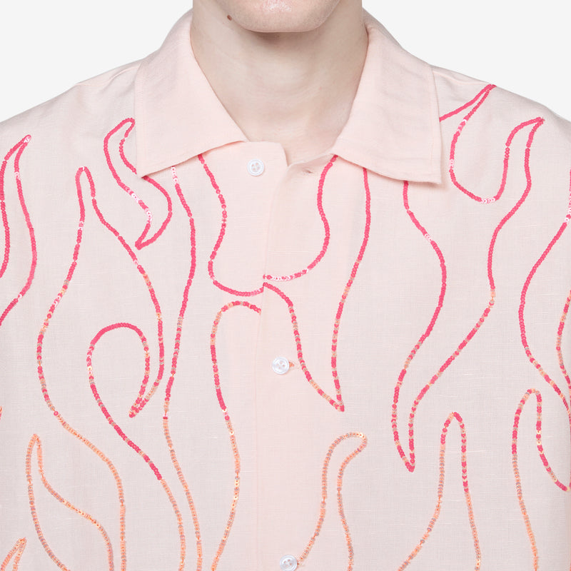 Unisex Flame Embroidered Shirt Pink