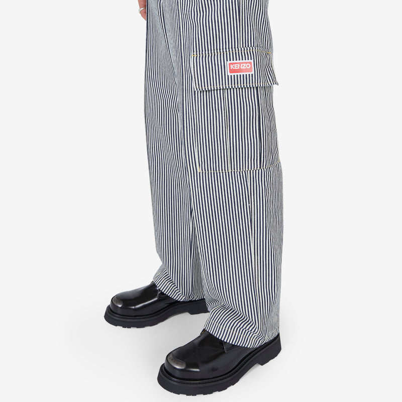 Unisex Striped Straight-Cut Cargo Jeans Rinse Blue Denim Pants
