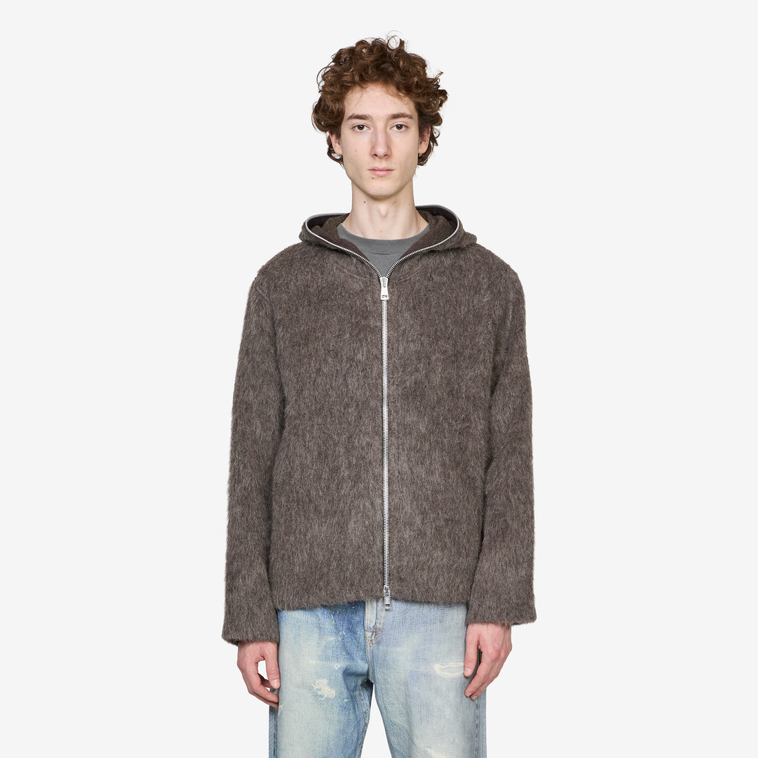 Full Zip Hood Mole Grey Hairy Wool Jumpers