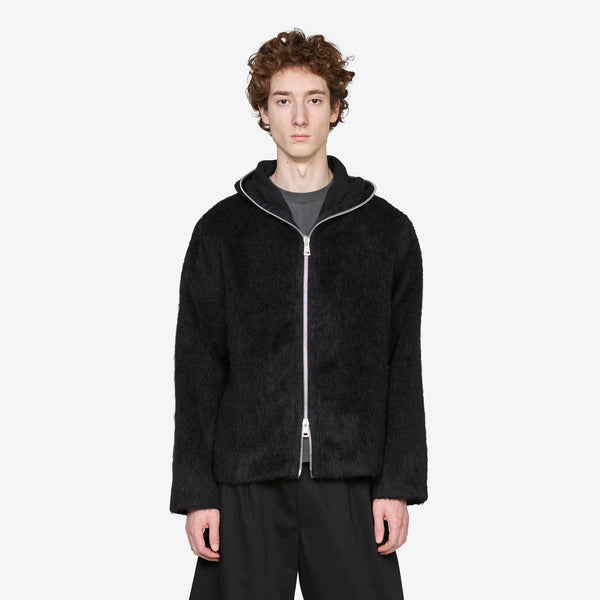 Full Zip Hood Black Hairy Wool Jackets