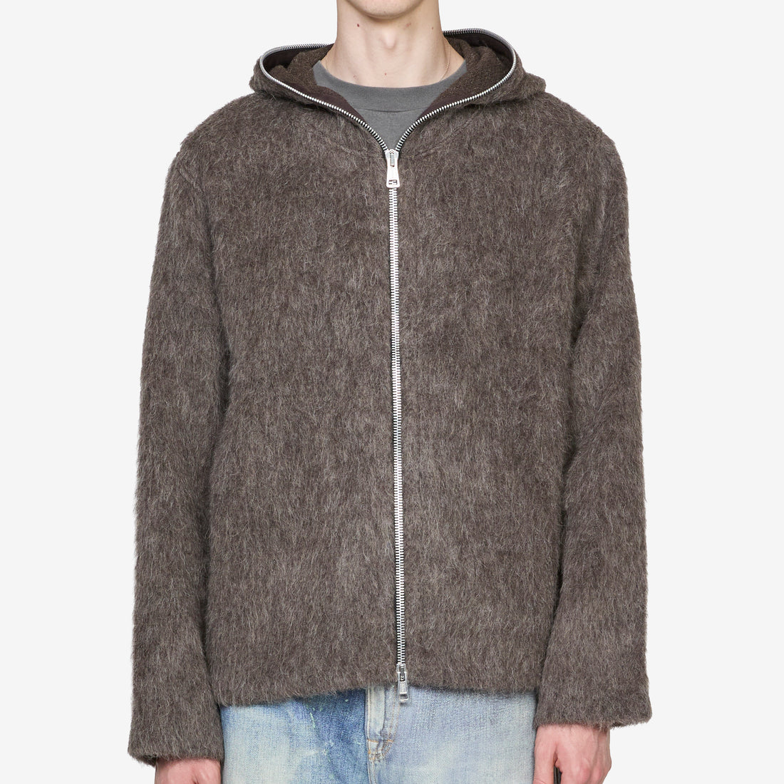 Full Zip Hood Mole Grey Hairy Wool Jumpers