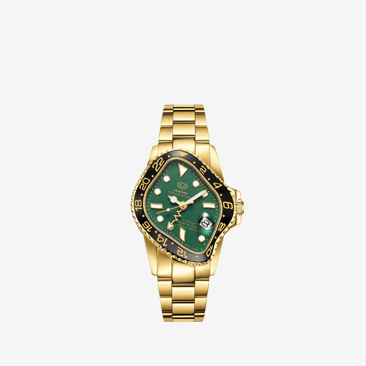 PEA001GMT Golden Precision Steel | Black Bezel | Green Dial 40mm Front