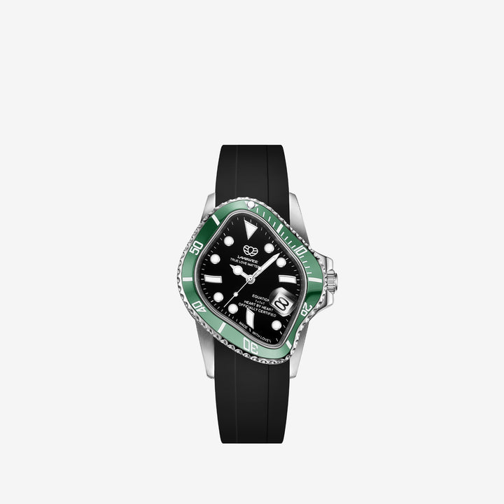 PEA001RS Silver Precision Steel | Green Bezel | Black Dial | Black FKM Rubber Belt Front