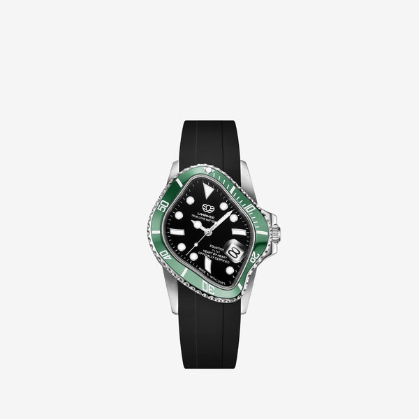 PEA001RS Silver Precision Steel | Green Bezel | Black Dial | Black FKM Rubber Belt Accessories