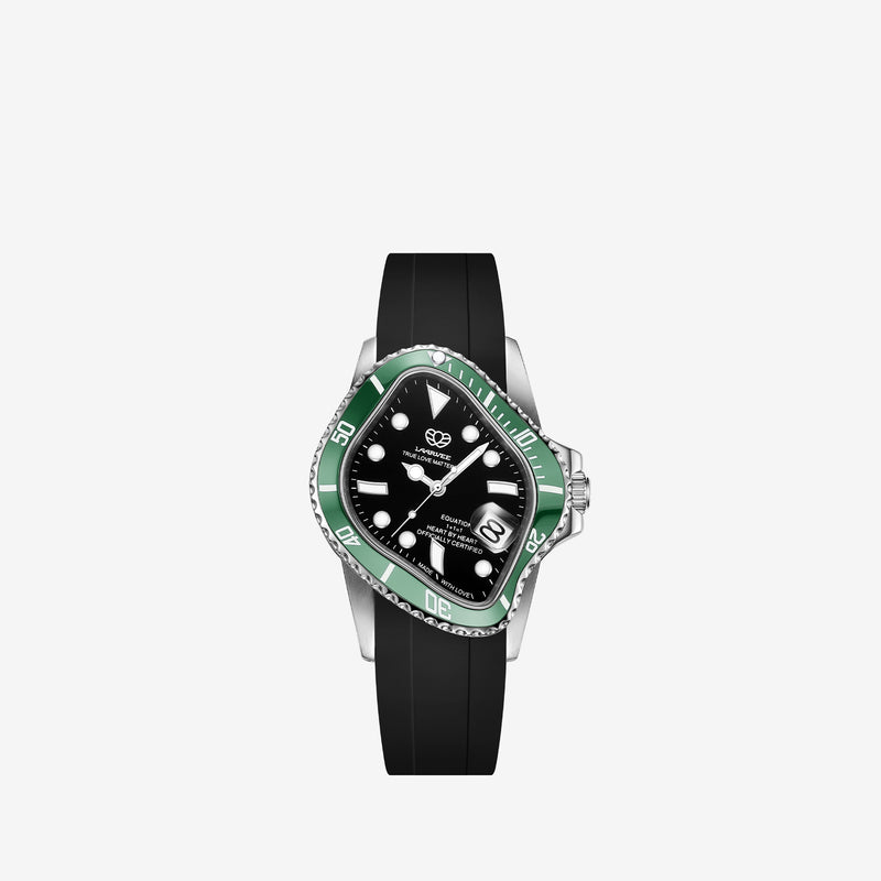 PEA001RS Silver Precision Steel | Green Bezel | Black Dial | Black FKM Rubber Belt Accessories