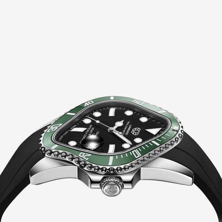 PEA001RS Silver Precision Steel | Green Bezel | Black Dial | Black FKM Rubber Belt