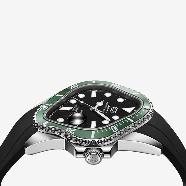 PEA001RS Silver Precision Steel | Green Bezel | Black Dial | Black FKM Rubber Belt Accessories