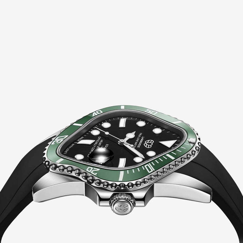PEA001RS Silver Precision Steel | Green Bezel | Black Dial | Black FKM Rubber Belt Accessories