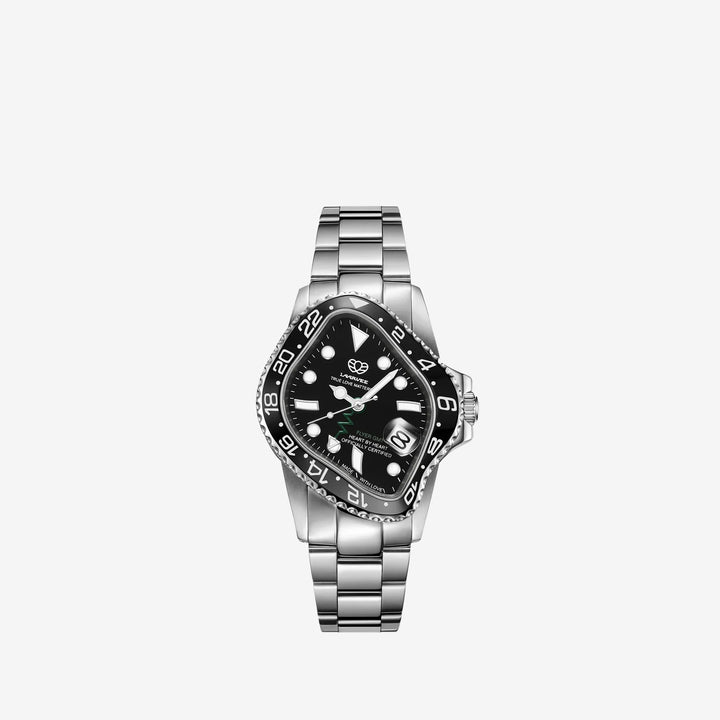 PEA001GMT Silver Precision Steel | Black Bezel | Black Dial 40mm Front