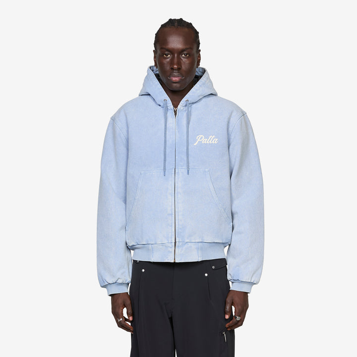 Peace Canvas Hooded Jacket Light Blue Denim Front