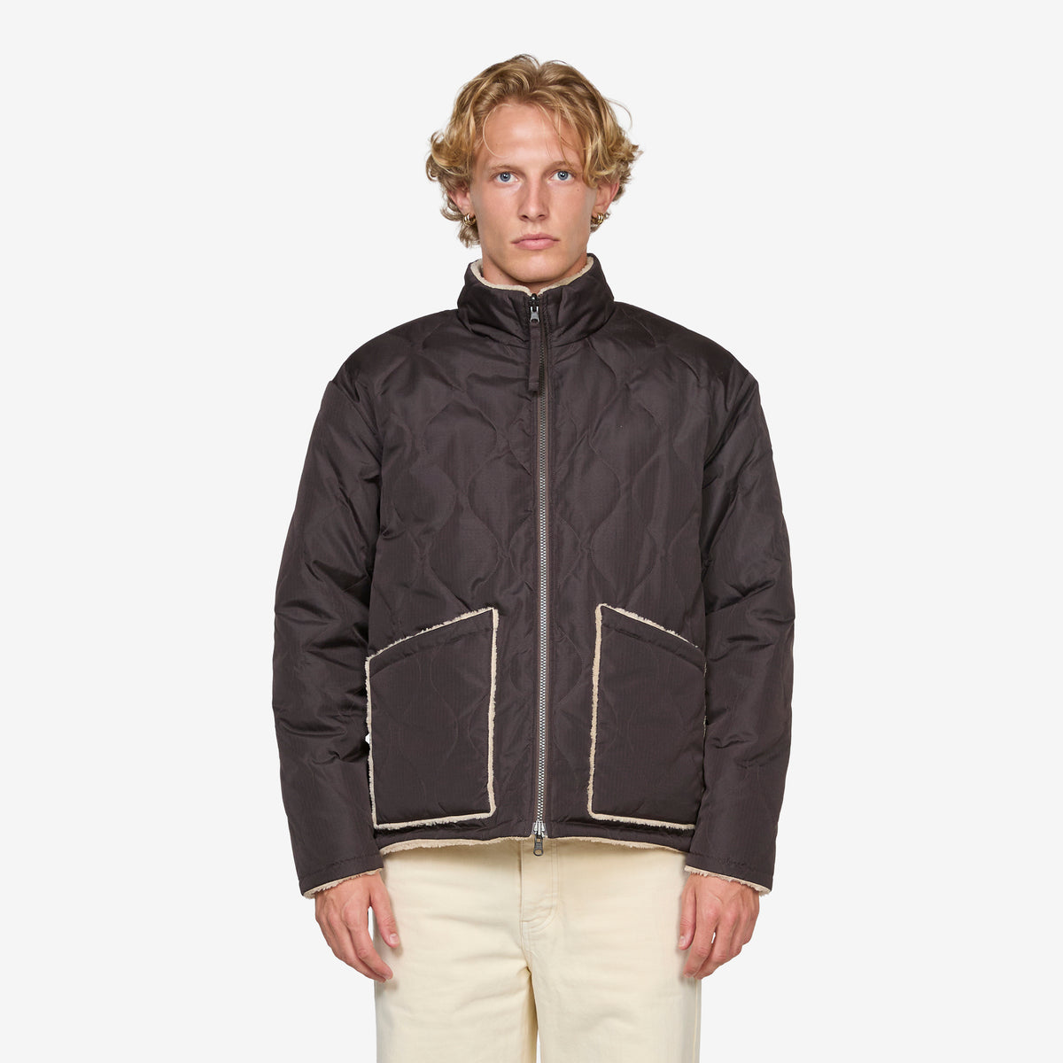 Military Reversible Down Boa Hi Neck Jacket Dark Choco | Beige 