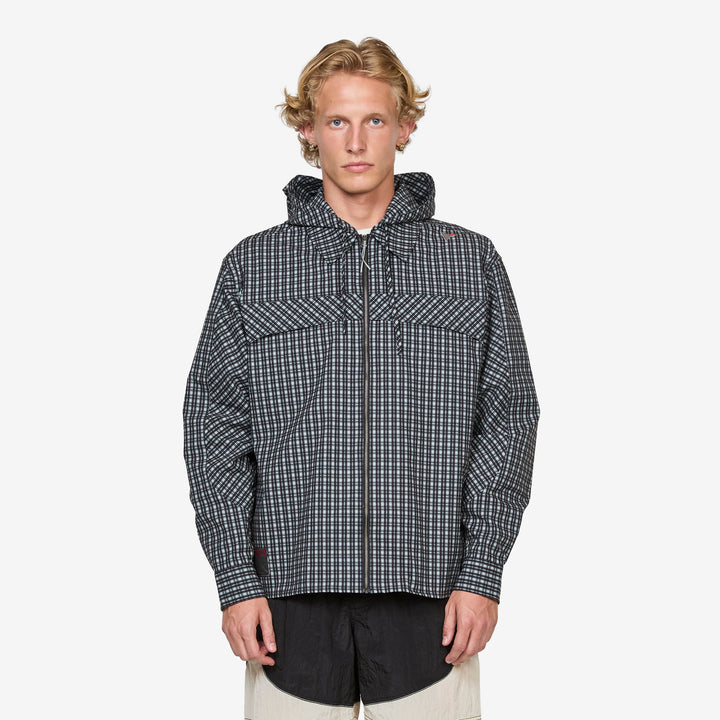 Aair Floweave Printed Check Long Sleeve Hooded Shirt Anthracite Front