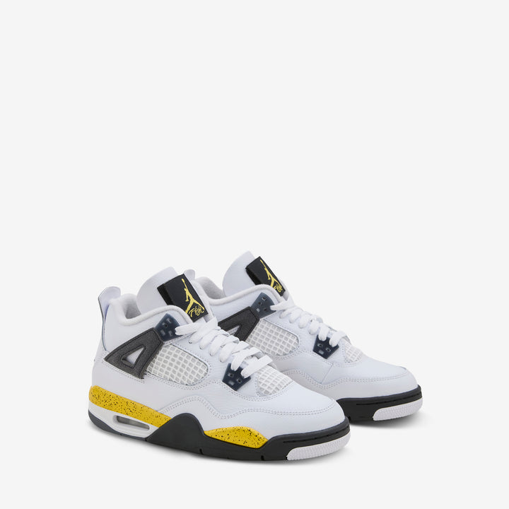 Grade School Air Jordan 4 Retro 'Rare Air' White | Tour Yellow | Dark Blue Grey | Black Front