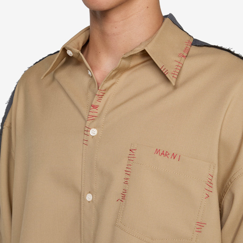 Contrast Panel Tropical Wool Shirt Dijon Shirts