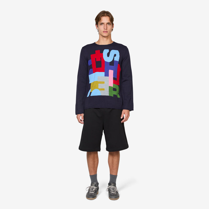 Intarsia Knit Sweater Navy Jumpers