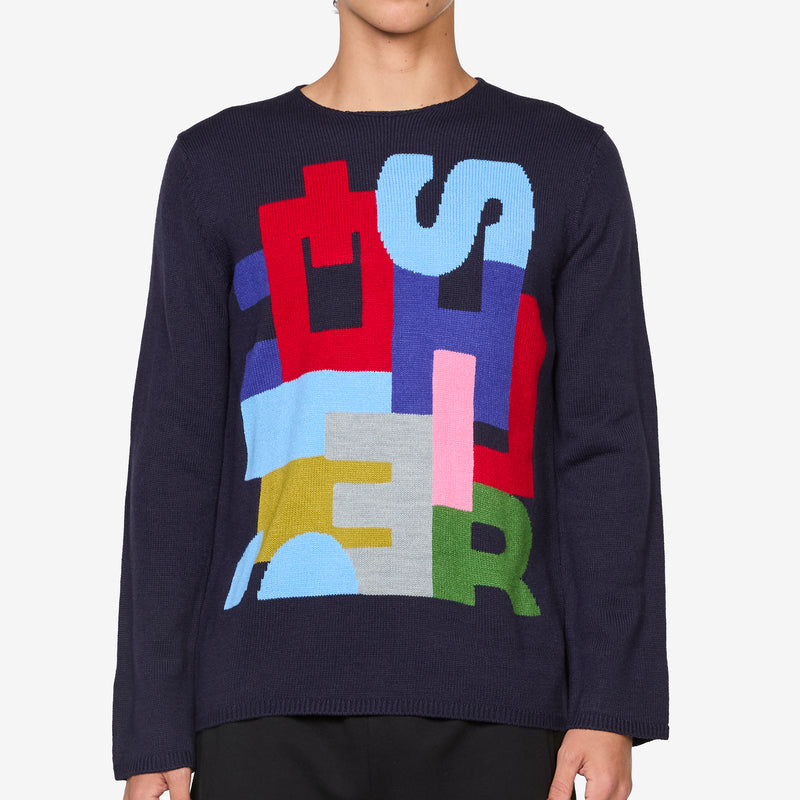 Intarsia Knit Sweater Navy Jumpers