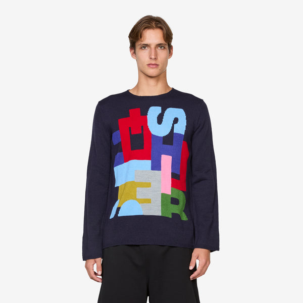 Intarsia Knit Sweater Navy Jumpers
