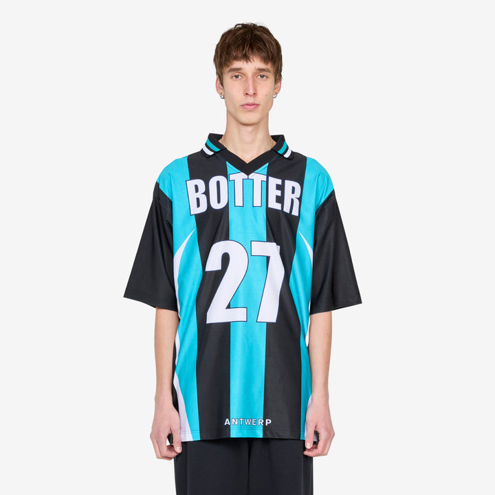 BOTTER x Reverse Soccer T-Shirt Striped Navy | Aqua Blue Front