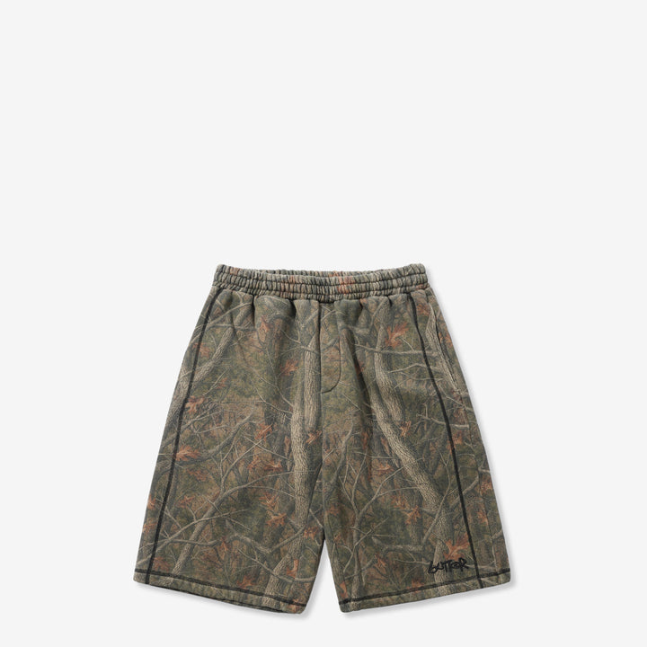 Overlock Stitch Fleece Shorts Forest Camo Front