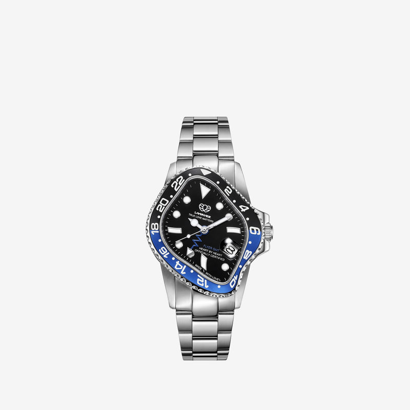 PEA001GMT Silver Precision Steel Black Blue Bezel Black Dial