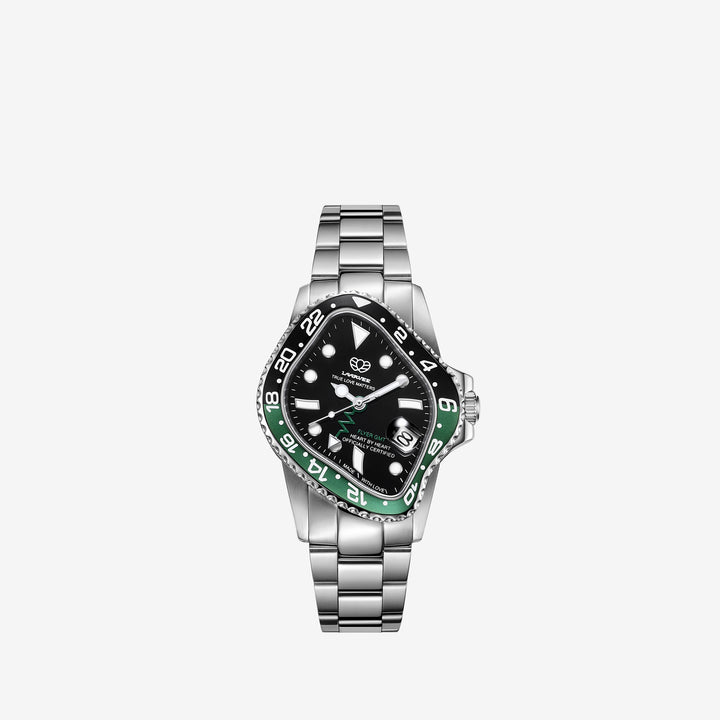 PEA001GMT Silver Precision Steel | Black Green Bezel | Black Dial 40mm Front