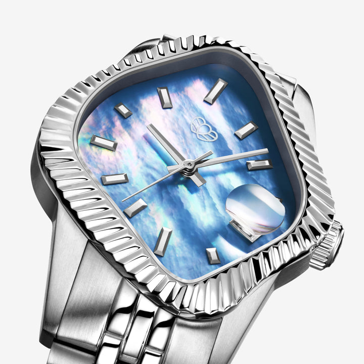 PEA003 Silver Precision Steel | Fluted Bezel | Blue Mother-Of-Pearl Dial 38mm