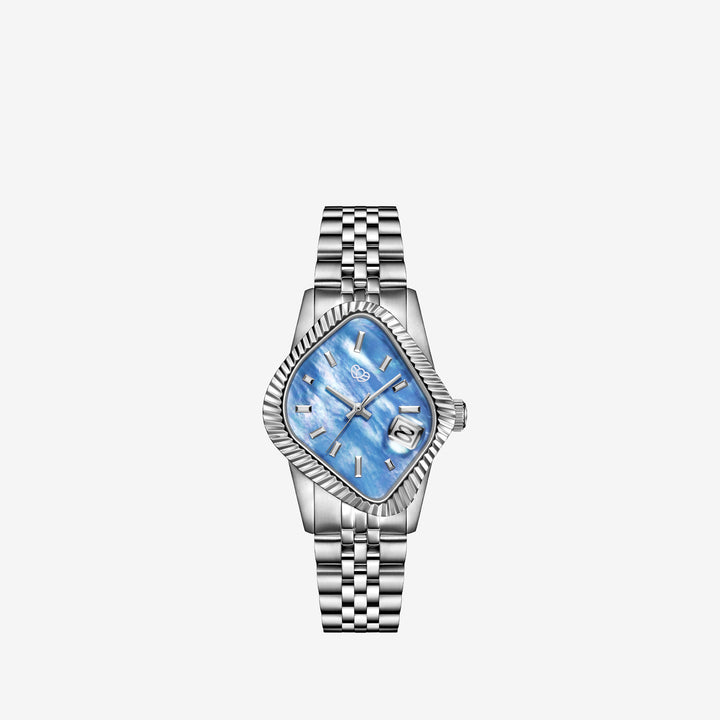 PEA003 Silver Precision Steel | Fluted Bezel | Blue Mother-Of-Pearl Dial 38mm Front