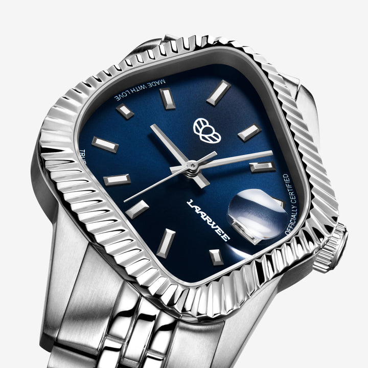 PEA003 Silver Precision Steel | Fluted Bezel | Dark Blue Dial 38mm