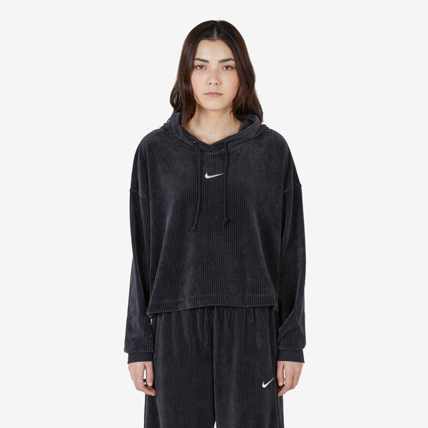 Women's Velour Cropped Pullover Hoodie Black | Sail