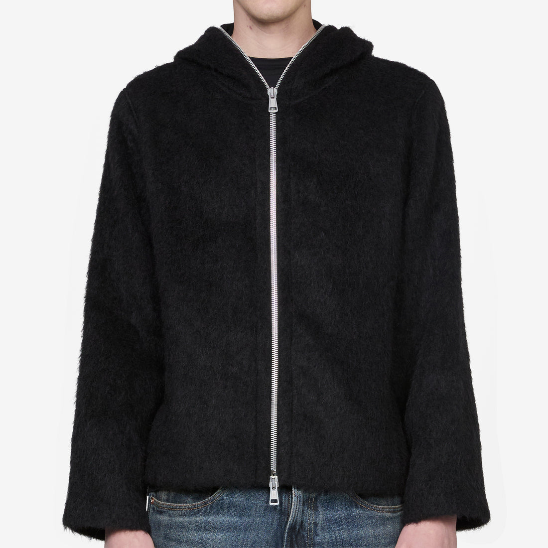 Full Zip Hood Black Hairy Wool Jackets