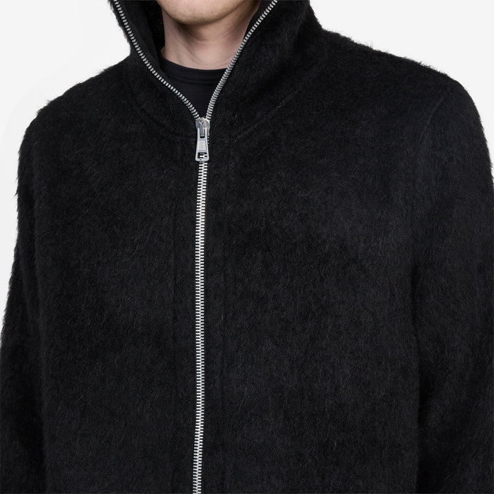 Full Zip Hood Black Hairy Wool
