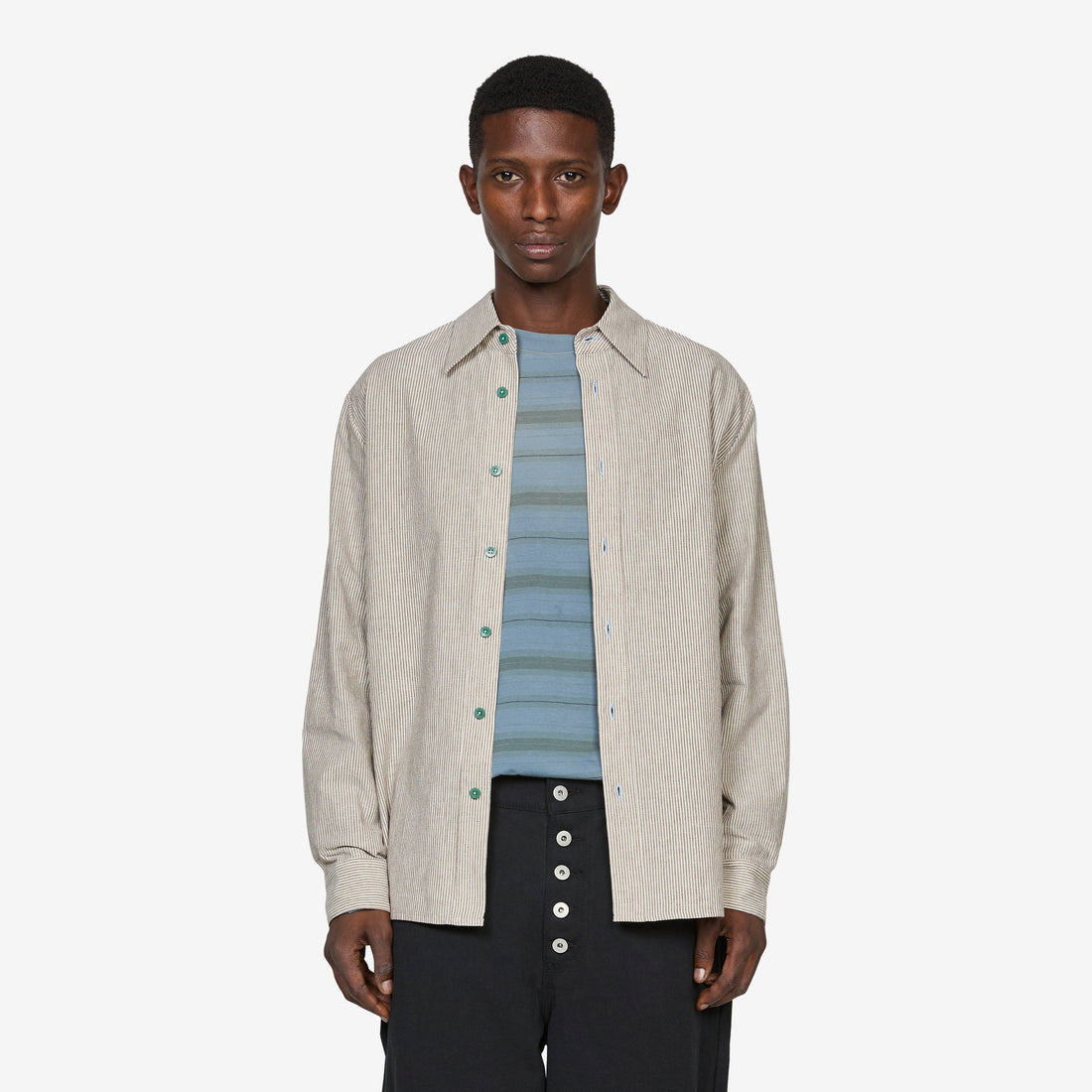 Linen Work Shirt Grey Stripe Shirts