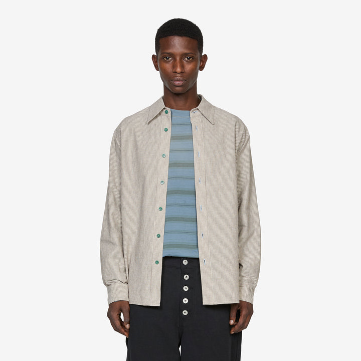 Linen Work Shirt Grey Stripe Front