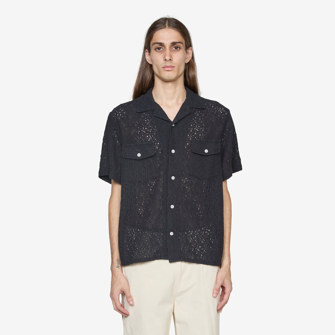Floral Lace Short Sleeve Camp Shirt Black Shirts