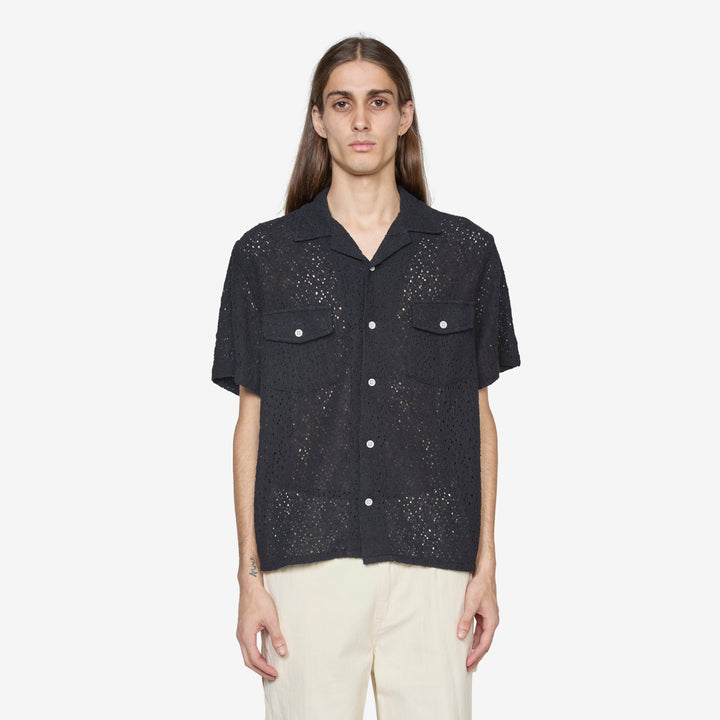 Floral Lace Short Sleeve Camp Shirt Black Front